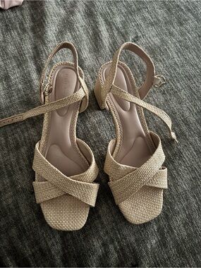 Woven Neutral Beige Slingback Sandals with Low Block Heel